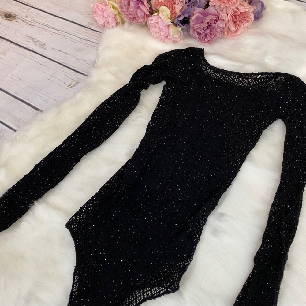 Sexy Black Rhinestone Long Sleeve Mesh Bodysuit - Picture 13 of 16